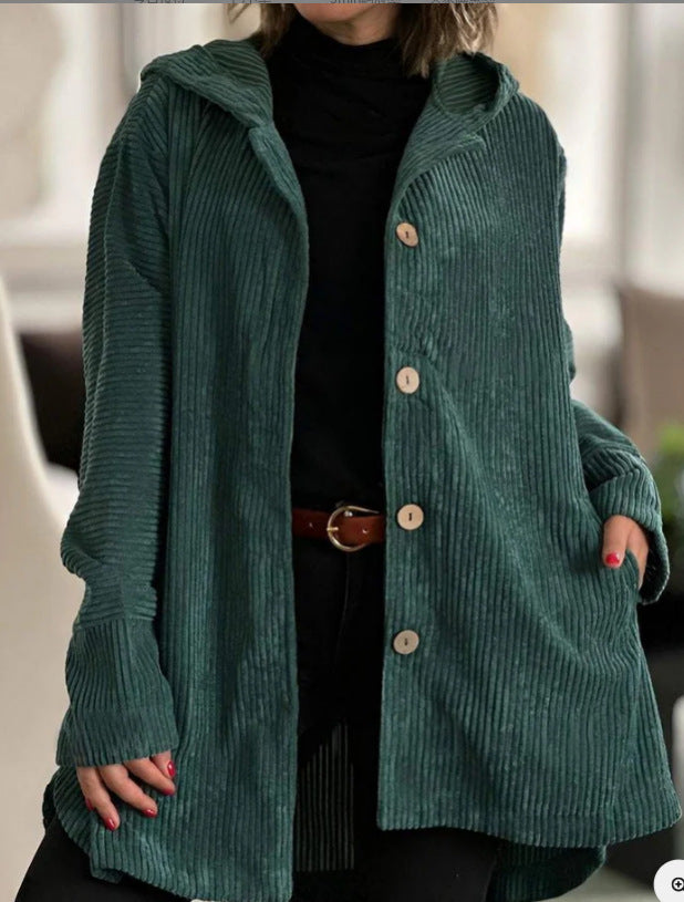 Harper | Hooded Ribbed Corduroy Button-Up Jacket