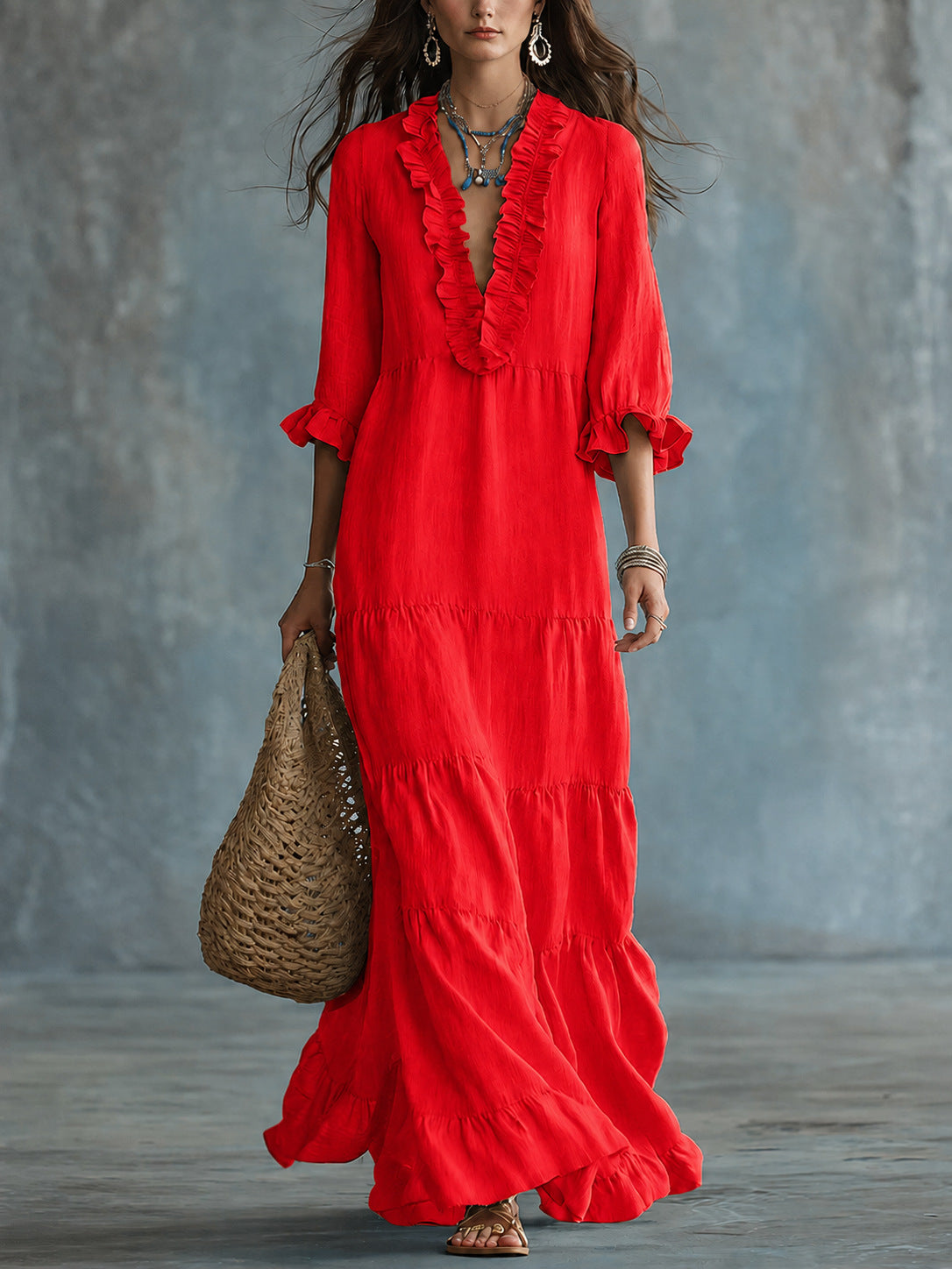 Luna | Bohemian V-Neck Layered Maxi Dress