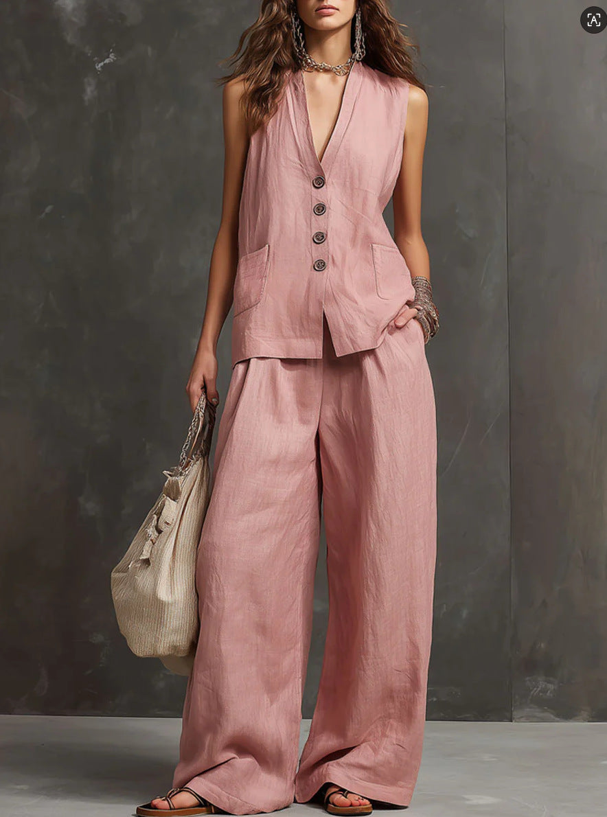 Two-piece cotton and linen outfit with sleeveless vest and wide-leg trousers