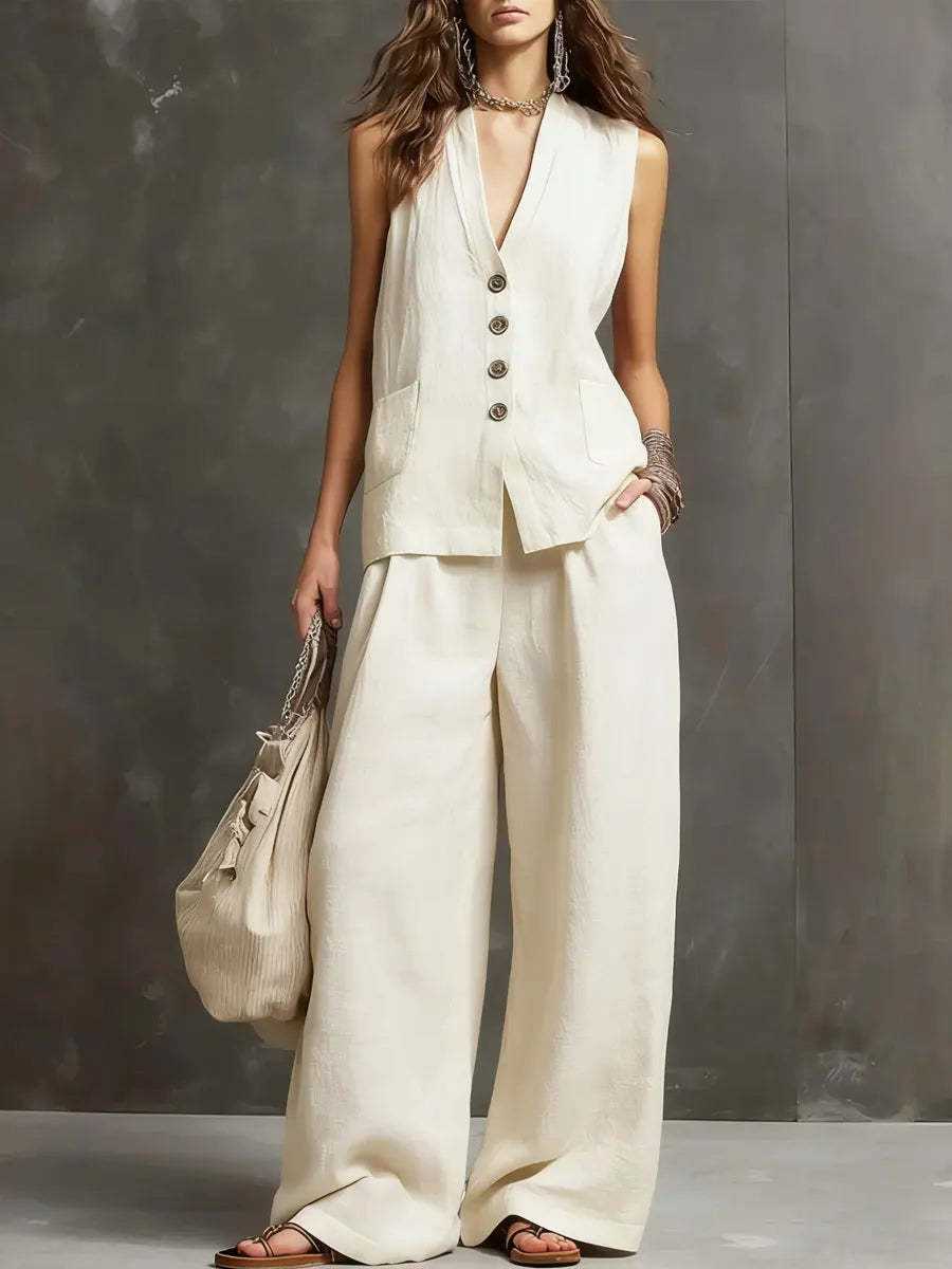 Two-piece cotton and linen outfit with sleeveless vest and wide-leg trousers