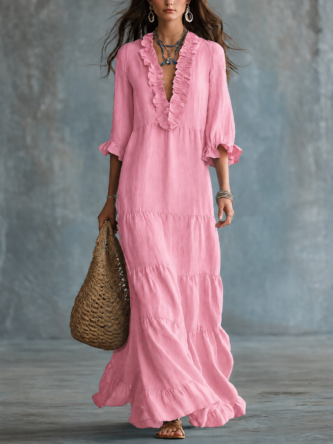 Luna | Bohemian V-Neck Layered Maxi Dress