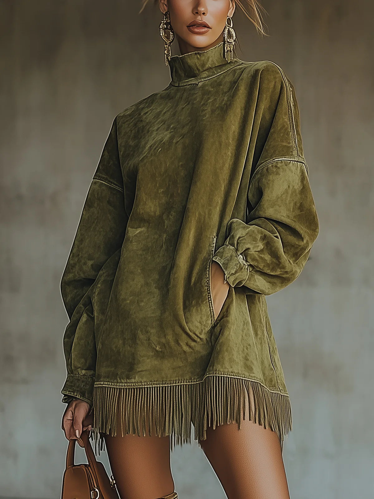 Faux Suede Dress with High Collar and Fringed Hem