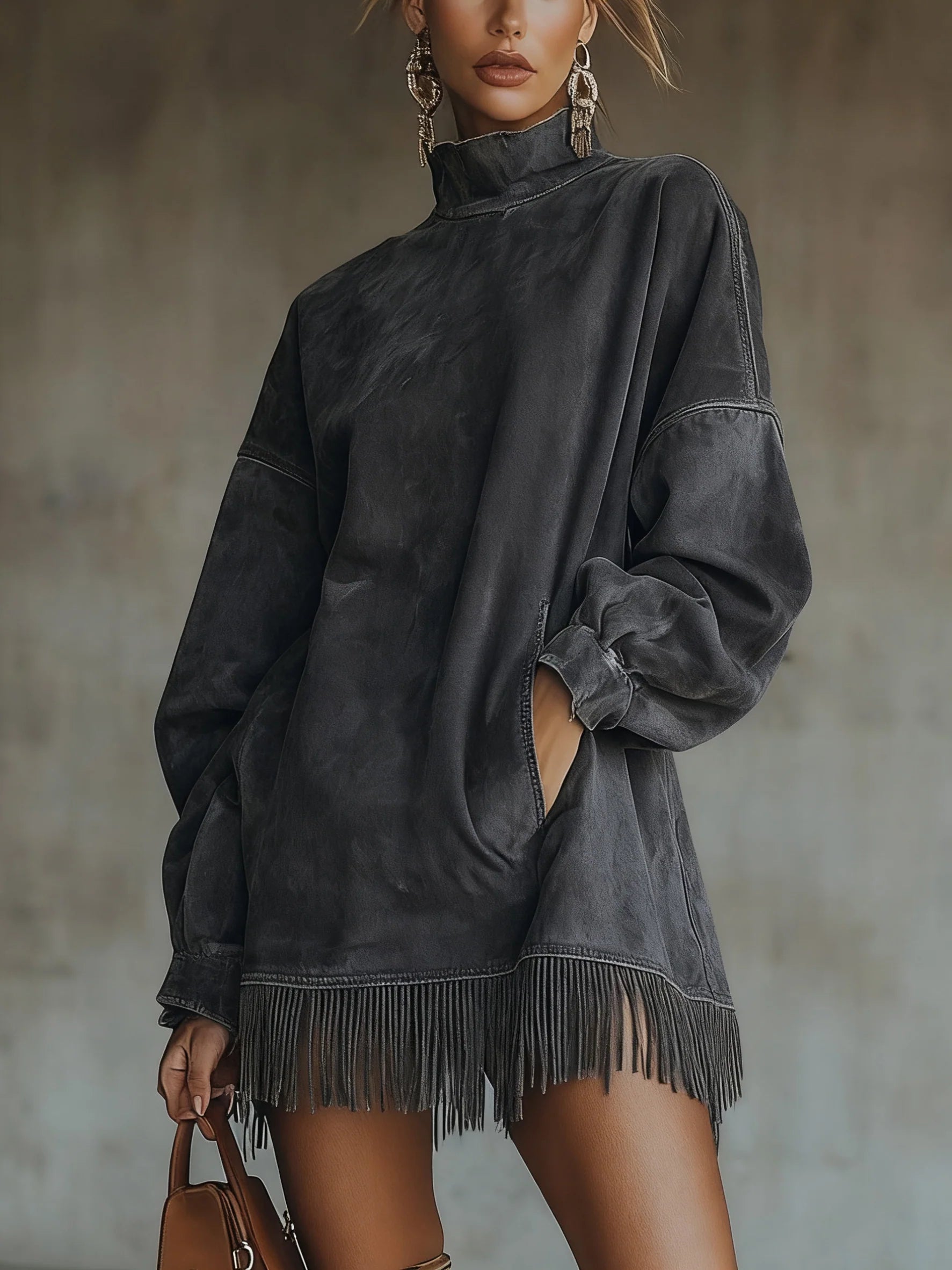 Faux Suede Dress with High Collar and Fringed Hem