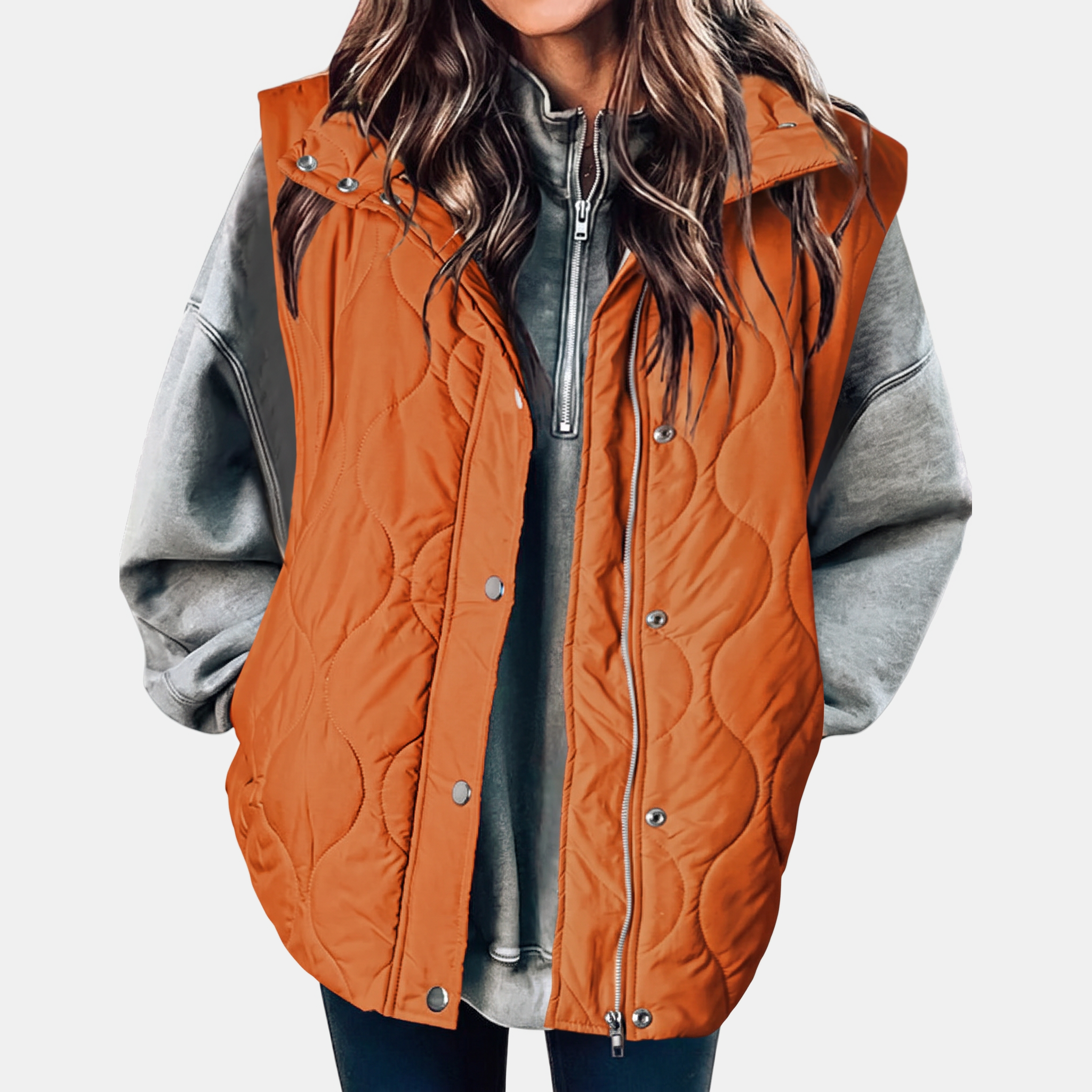 Women's Quilted Puffer Vest Sleeveless Zip and Snap Button Hooded Coat