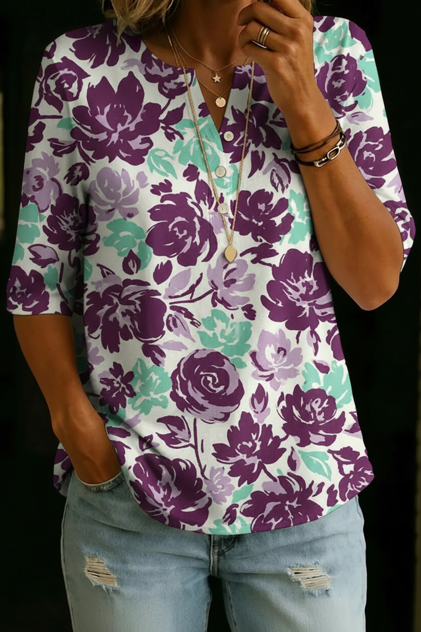 Molly | Purple Floral Henley Top