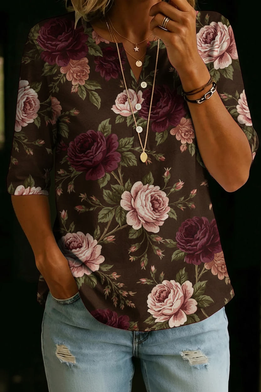 Tanya | Brown Rose Henley Top
