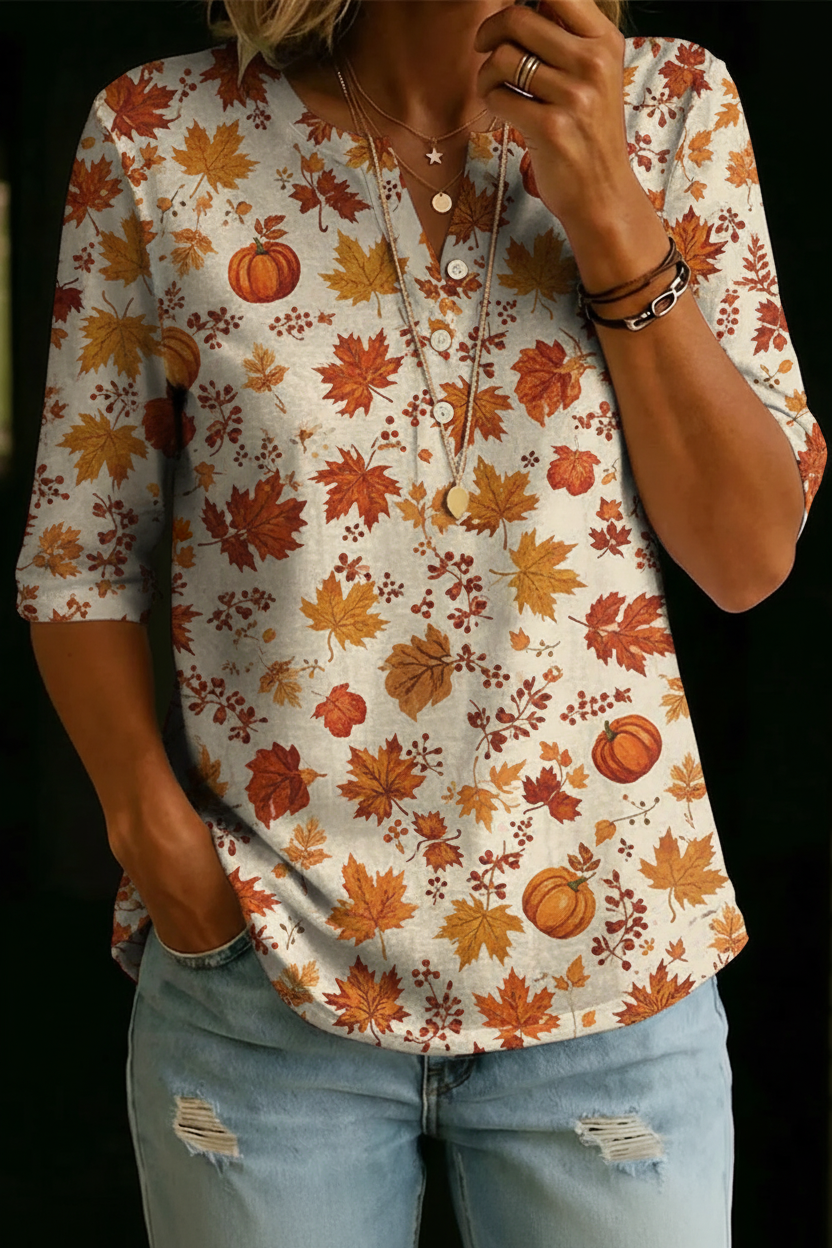 Lori | Pumpkin Maple Leaf Henley Top