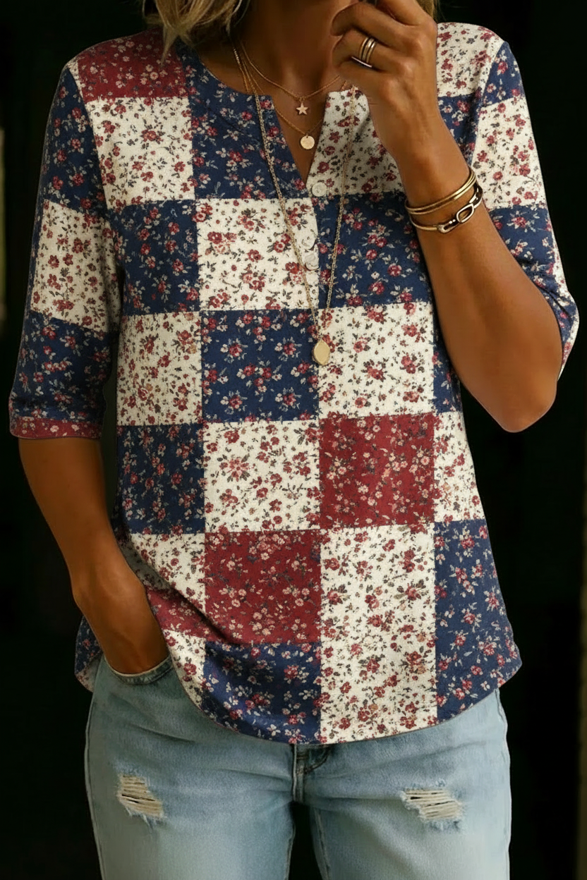 Sandy | Navy Patchwork Floral Henley Top