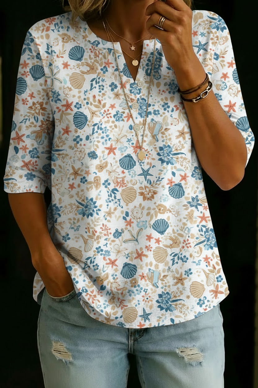 Sonia | Seashell Floral Henley Top