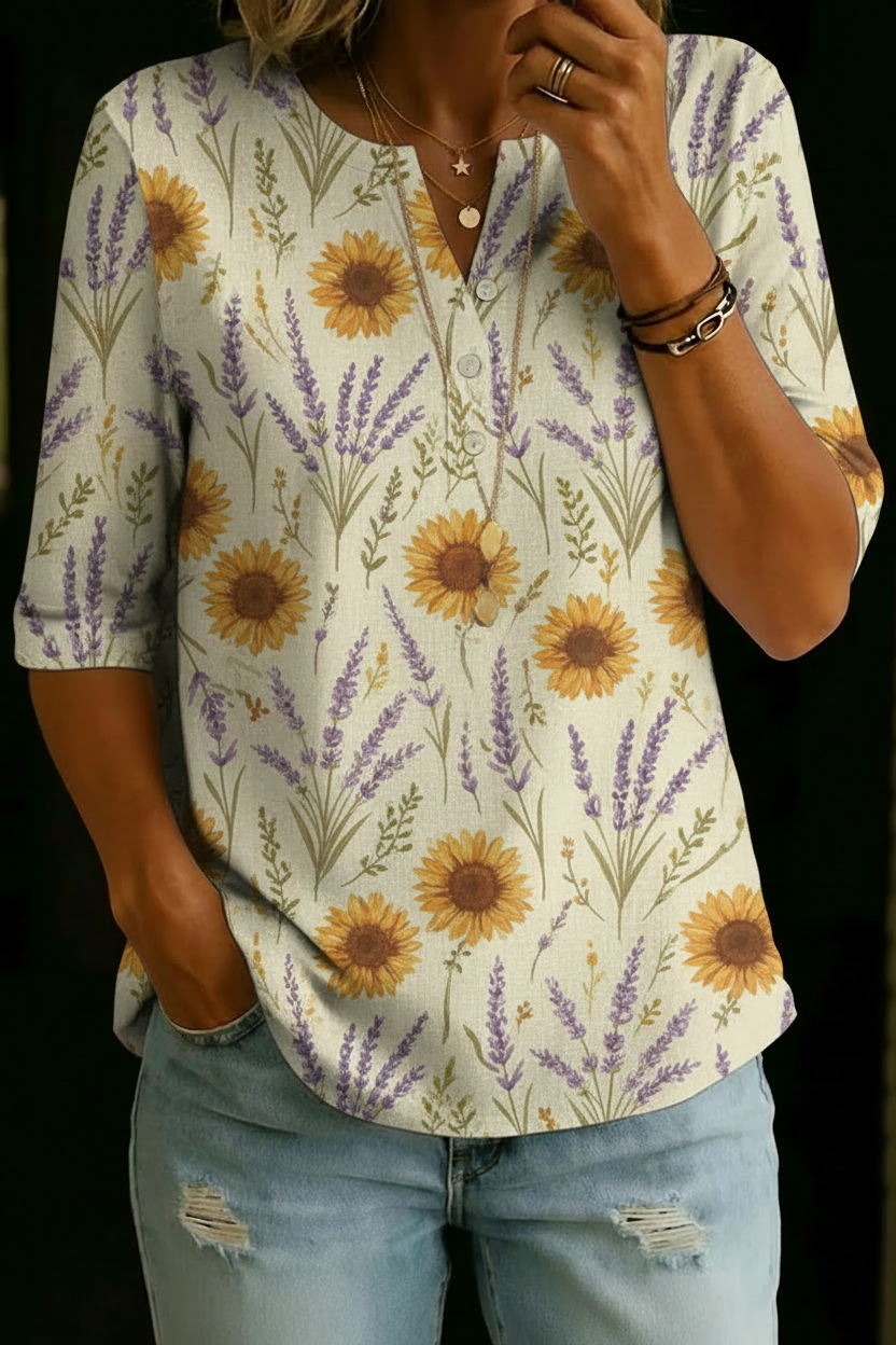 Christine | Sunflower Lavender Henley Top