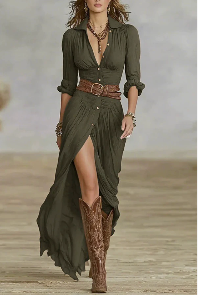 Long Maxi Dress with Notched Collar and Long Sleeves in Linen for Women