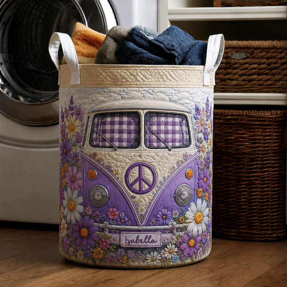 Purple Hippie Camper Van Personalized Quilted Laundry Basket