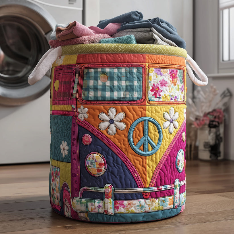 Colorful Hippie Bus Quilted Laundry Basket