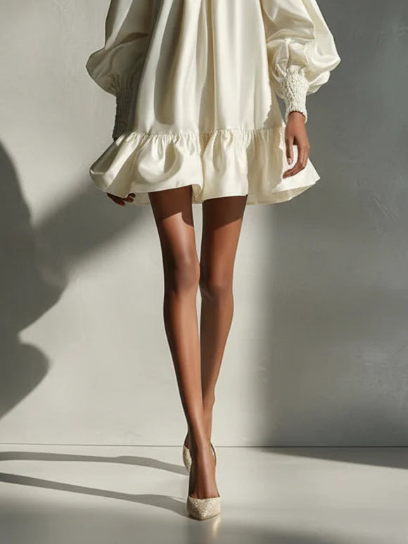 Beige Satin Mini Ruffle Dress with Puff Sleeves