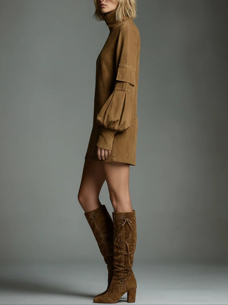 Vintage Suede Mini Dress with High Neck