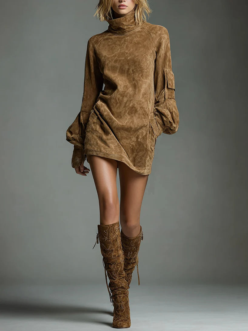 Vintage Suede Mini Dress with High Neck