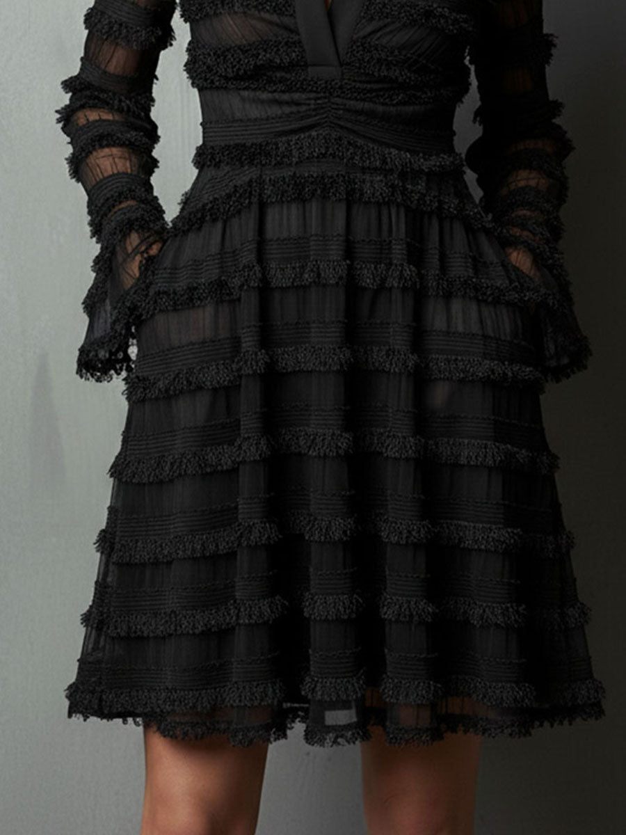 Transparent Mini Layered Dress with Black Fringes