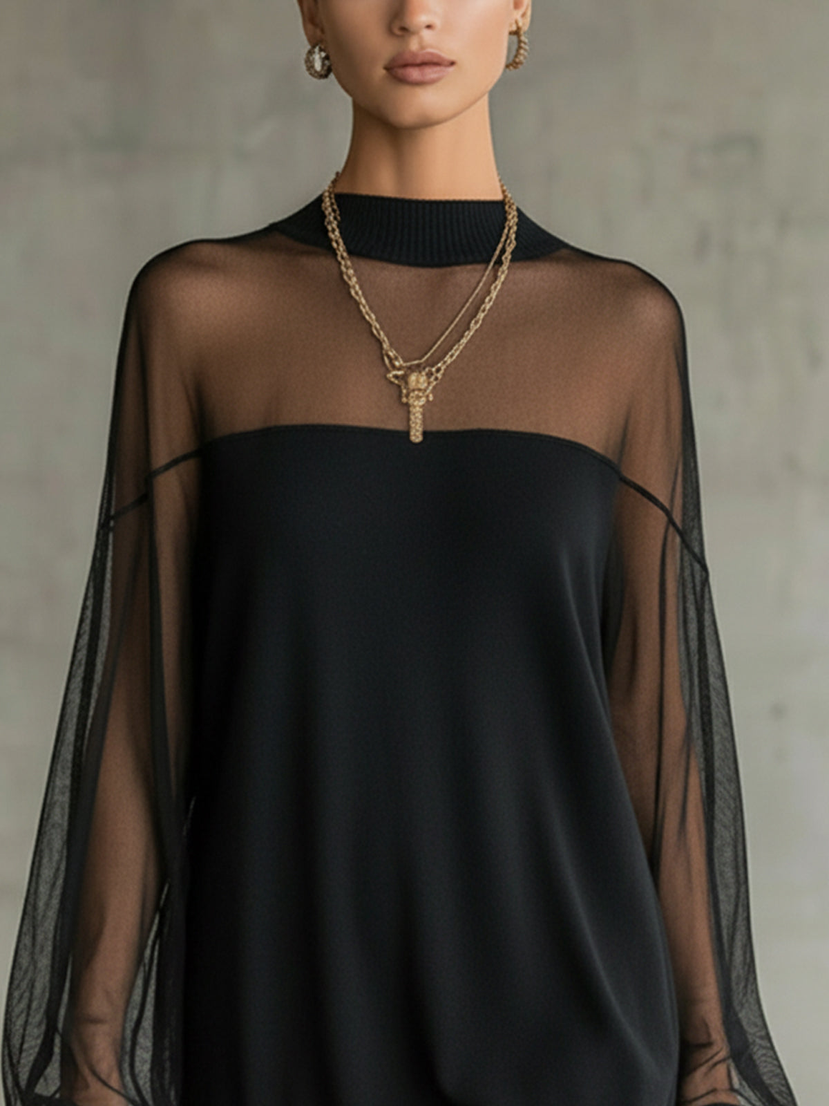 Black Mini Dress with Sheer Mesh Sleeves and High Neck