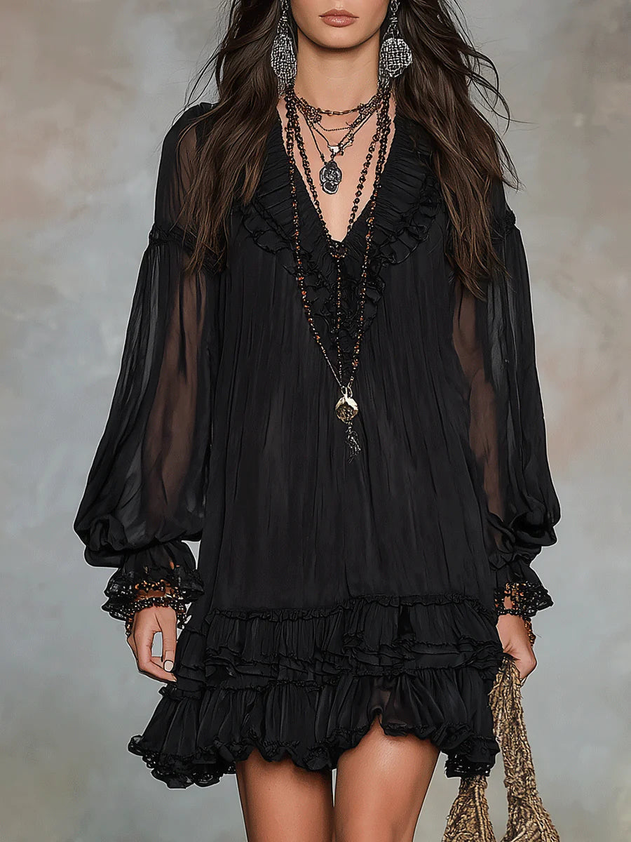 Black Chiffon Mini Dress with Lantern Sleeves and Ruffles
