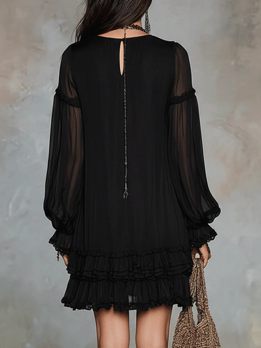 Black Chiffon Mini Dress with Lantern Sleeves and Ruffles