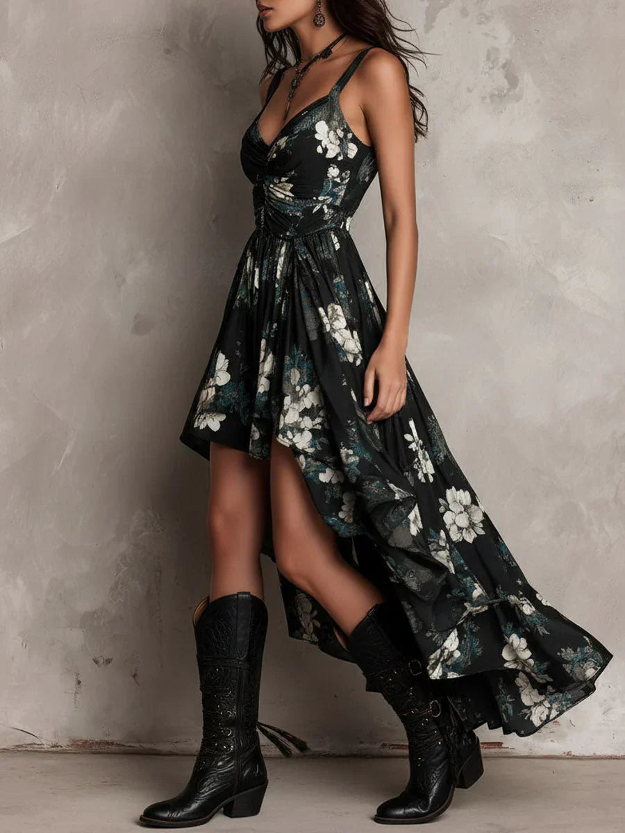 Black strapless long boho dress with floral print and asymmetric cut