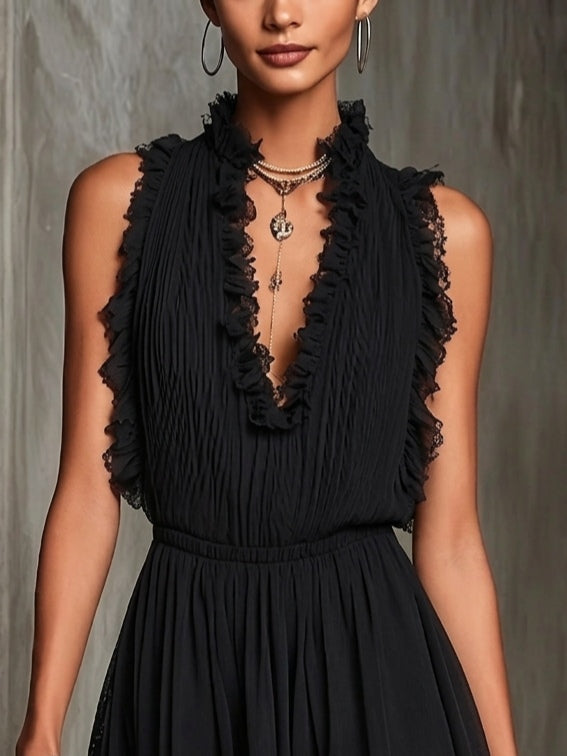 Pleated Chiffon Jumpsuit with Black Ruffle Trim