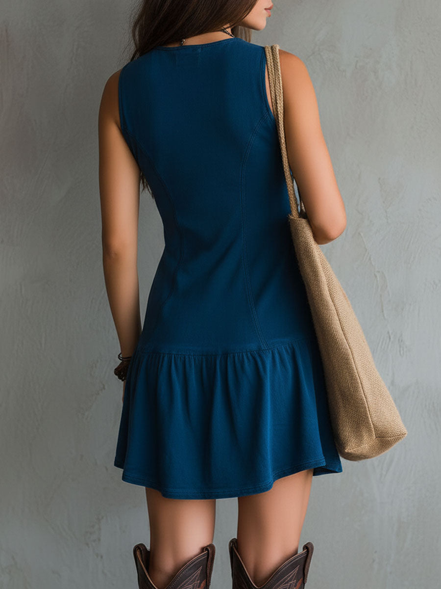 Sleeveless Mini Dress with V-Neck and Buttons Bohemian Indigo