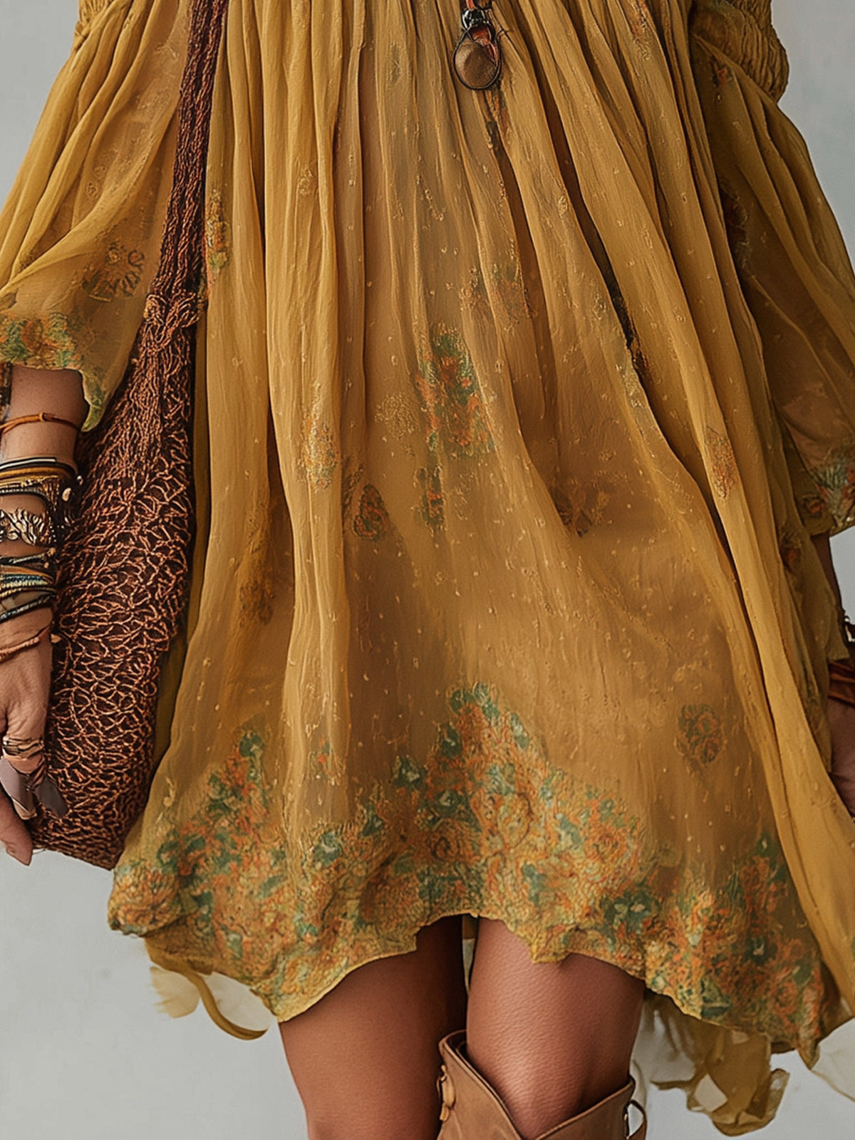 Yellow Chiffon Mini Dress with Flowers Off-Shoulder