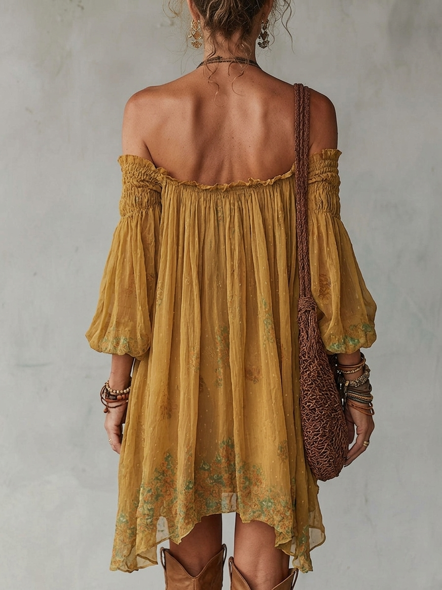 Yellow Chiffon Mini Dress with Flowers Off-Shoulder