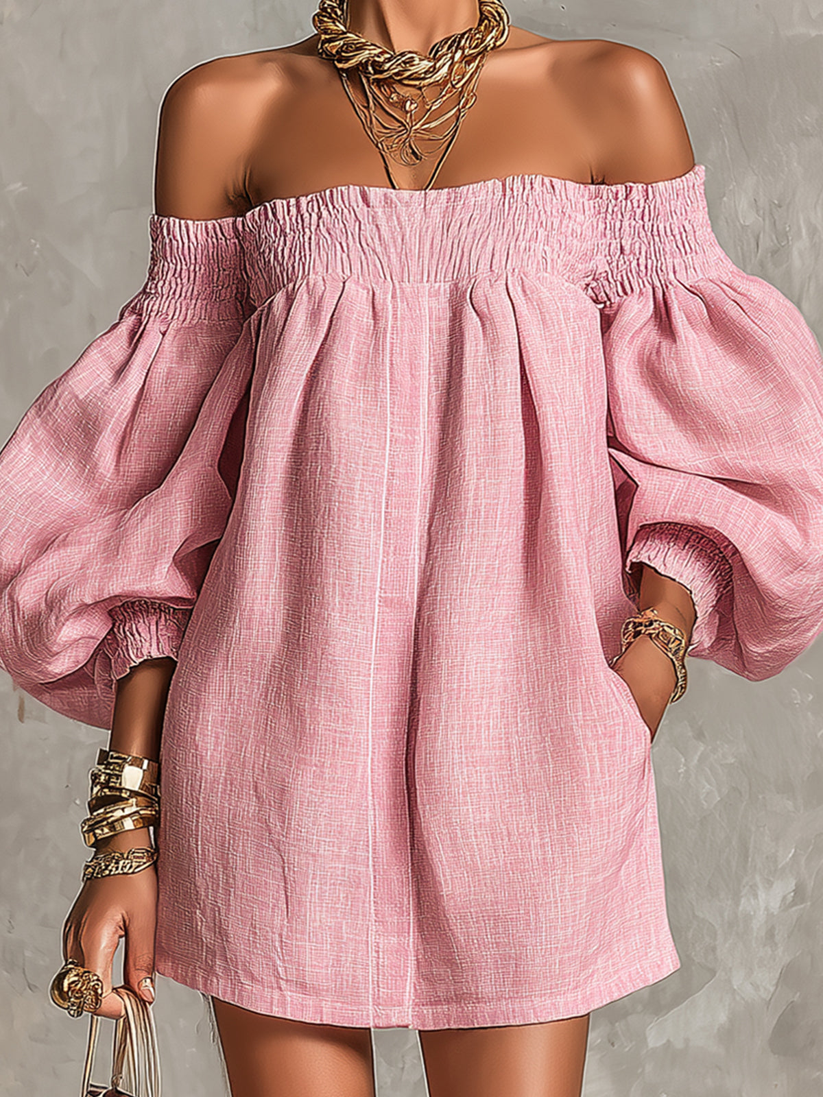 Pink Mini A-line Dress with Lantern Sleeves and Off-the-Shoulder Design