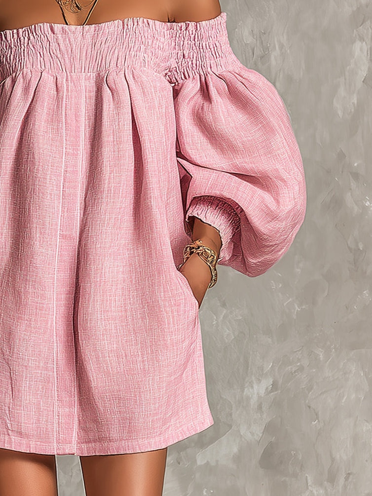 Pink Mini A-line Dress with Lantern Sleeves and Off-the-Shoulder Design