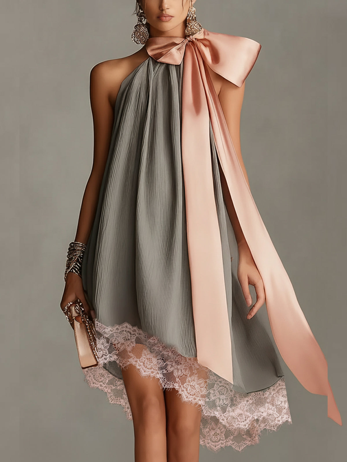 Beatrice | Gray satin mini dress with pink bow and lace