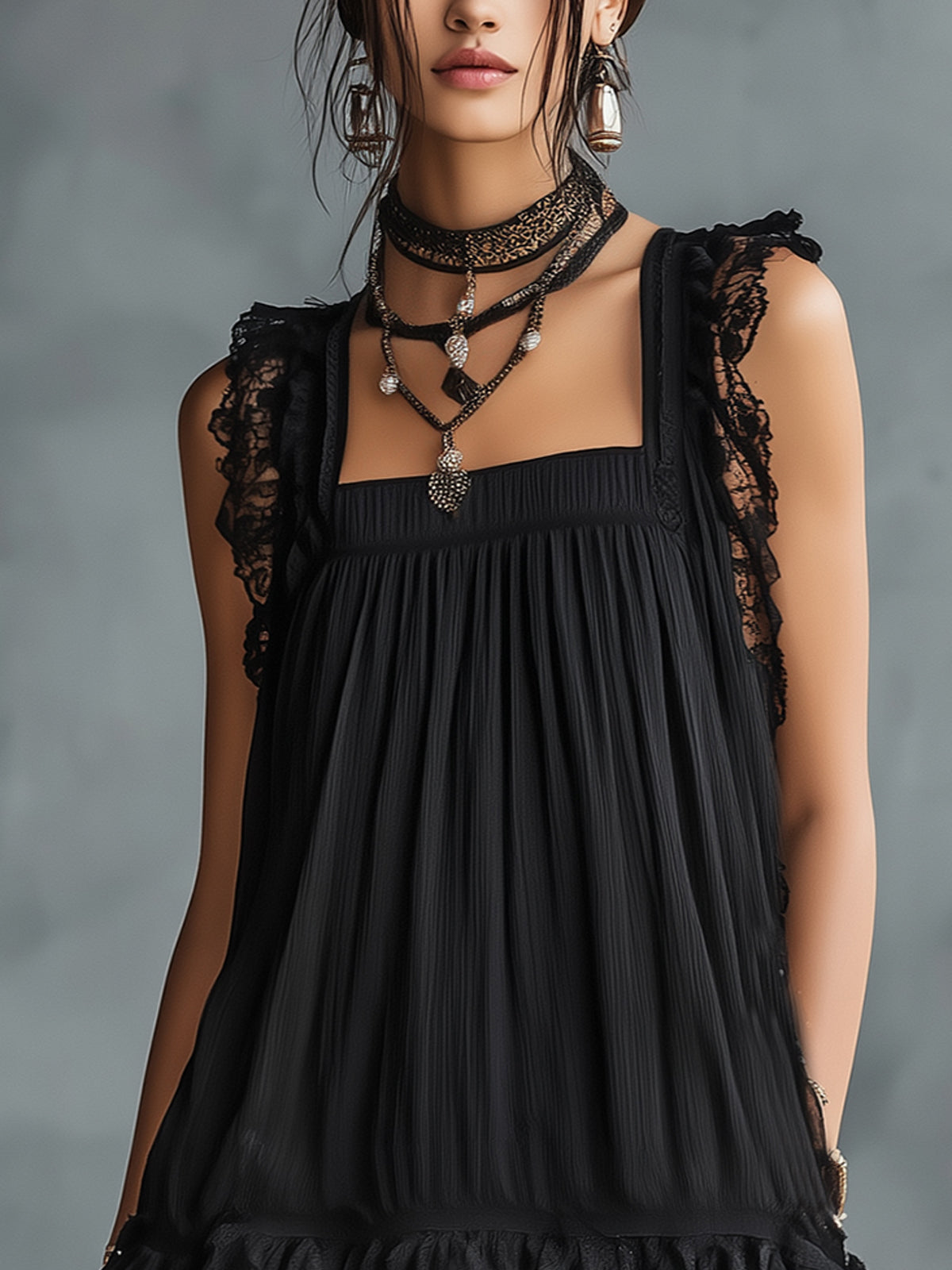 Transparent Polka Dot Mini Dress with Ruffles and Black Lace Trim
