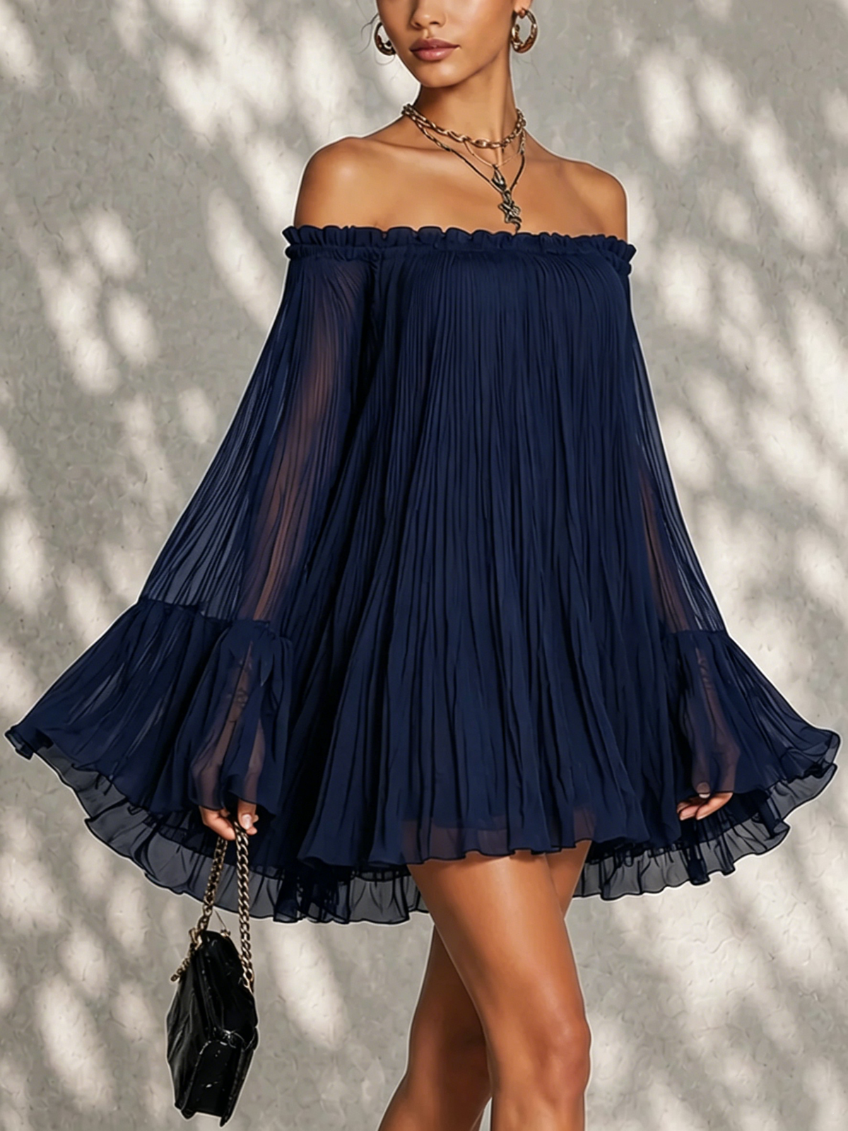 Navy Blue Bell Sleeve Mini Dress with Ruffles and Off-Shoulder Design