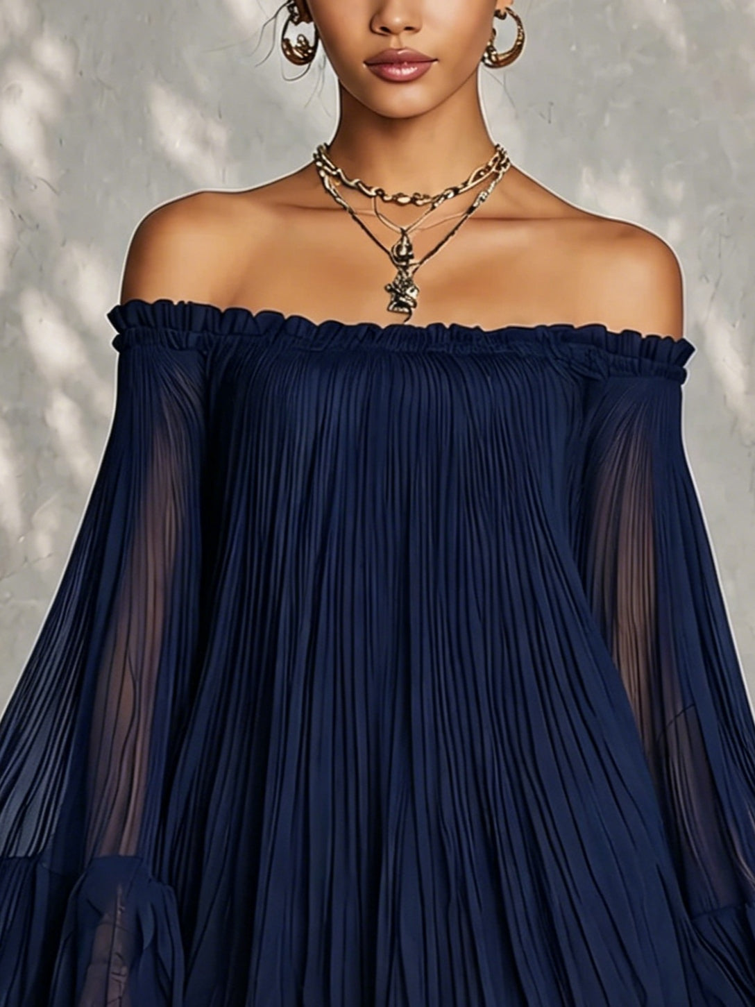 Navy Blue Bell Sleeve Mini Dress with Ruffles and Off-Shoulder Design