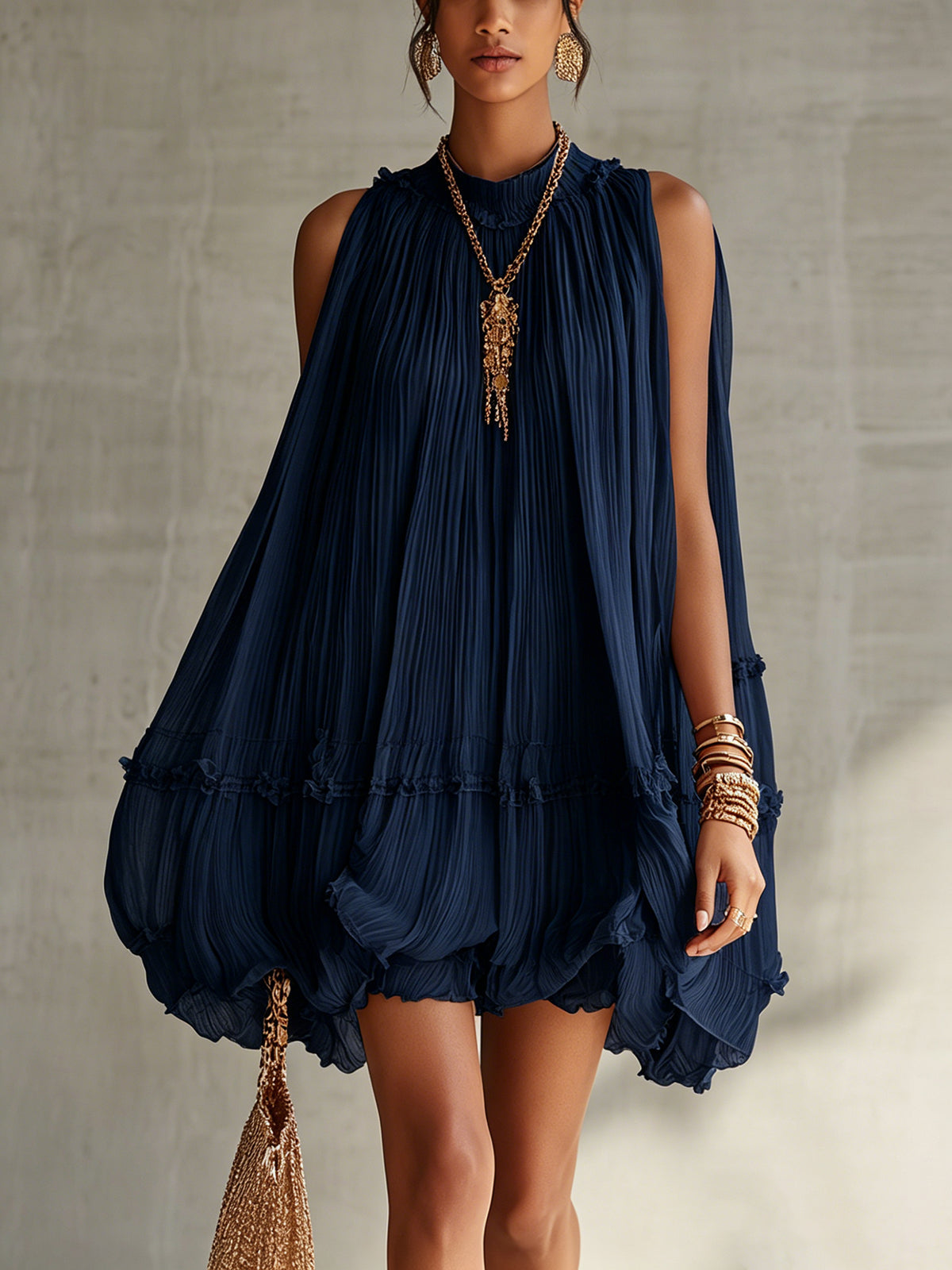 Mini Bubble Chiffon Ruffle Dress with Halter Neck in Navy Blue