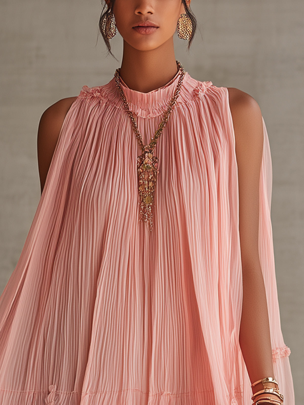 Pink Striped Mini Chiffon Dress with Halter Neck