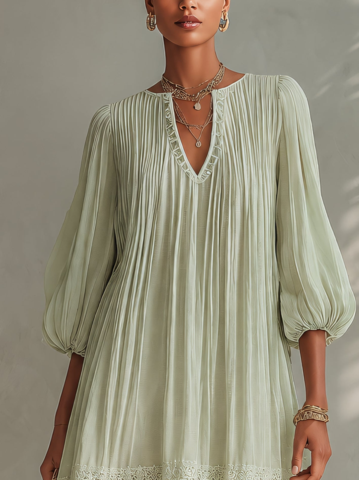 Light Green Pleated Chiffon Mini Dress with Lace Puff Sleeves