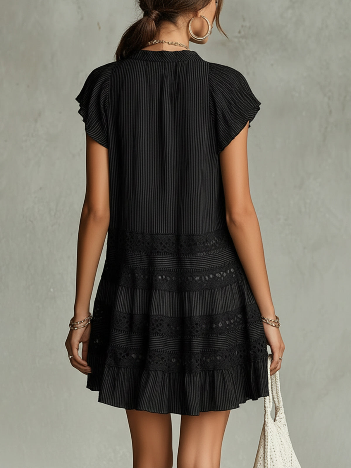 Mini Chiffon Striped Dress with Lace and Ruffles