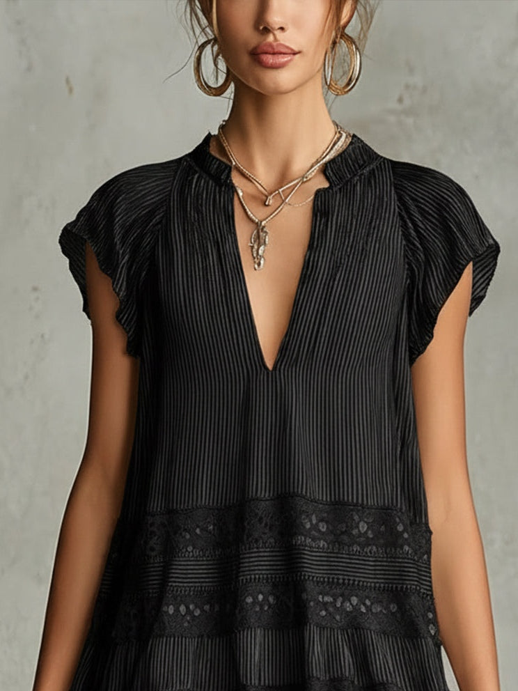 Mini Chiffon Striped Dress with Lace and Ruffles