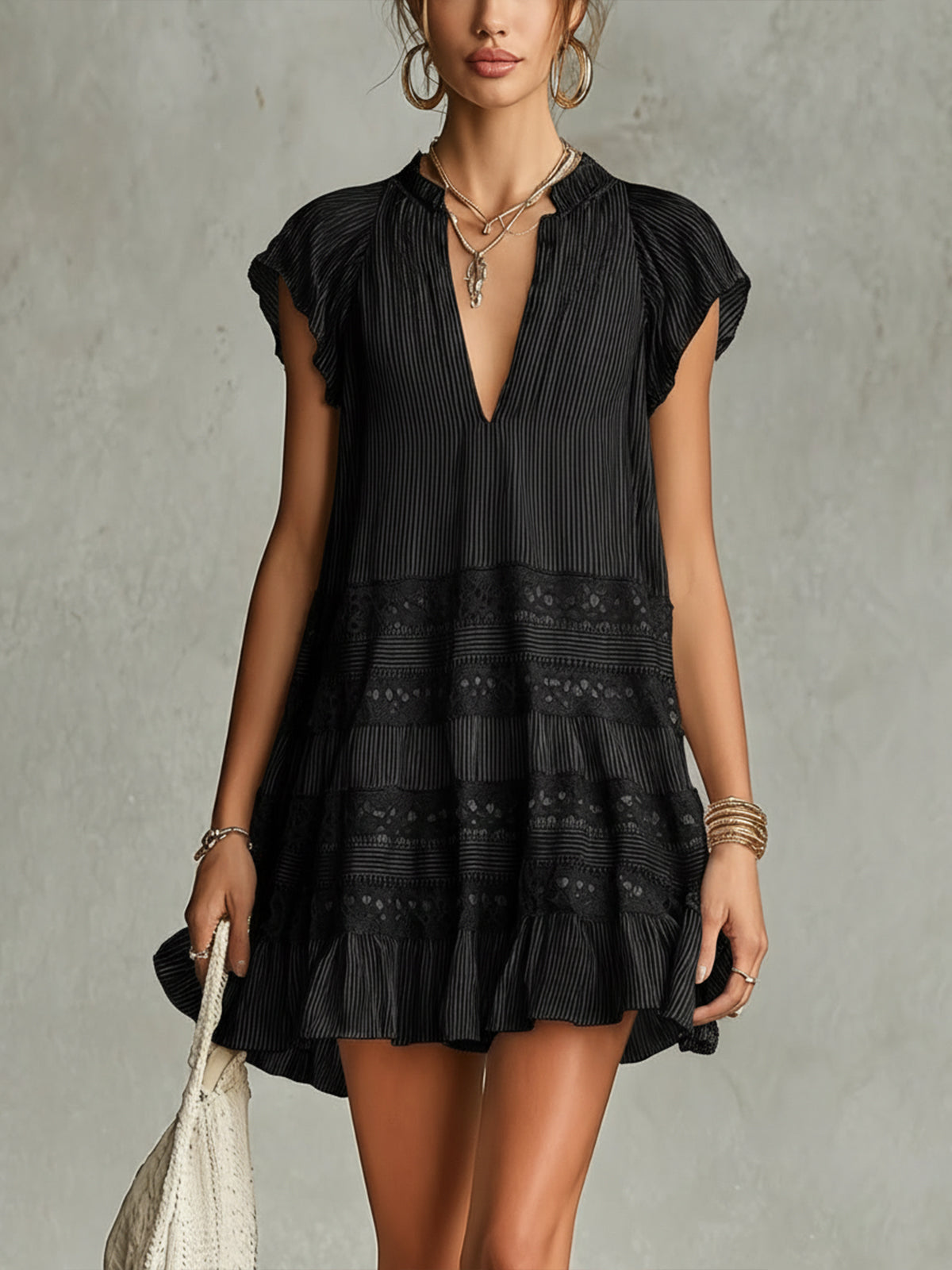 Striped Chiffon Mini Dress with Lace and Ruffles