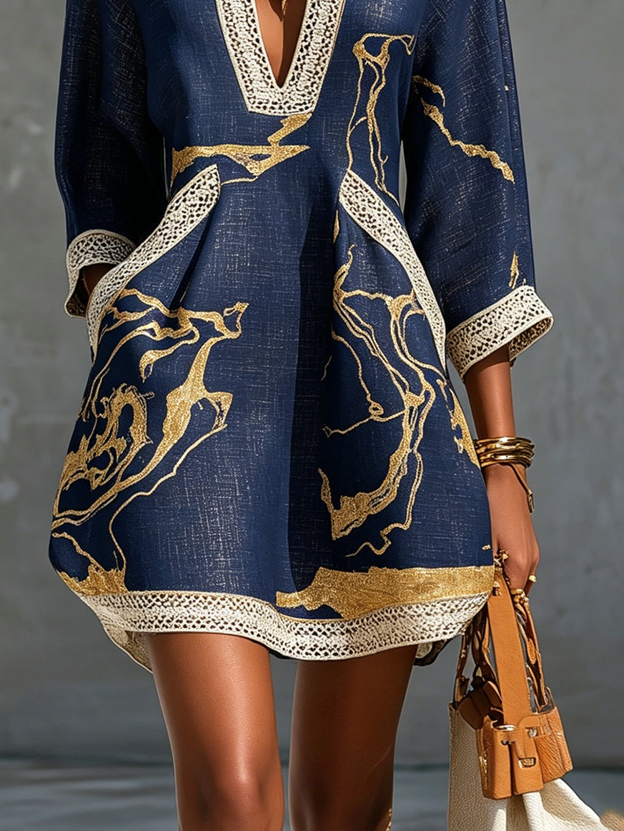 Navy Gold Printed V-Neck Crochet Lace Mini Dress