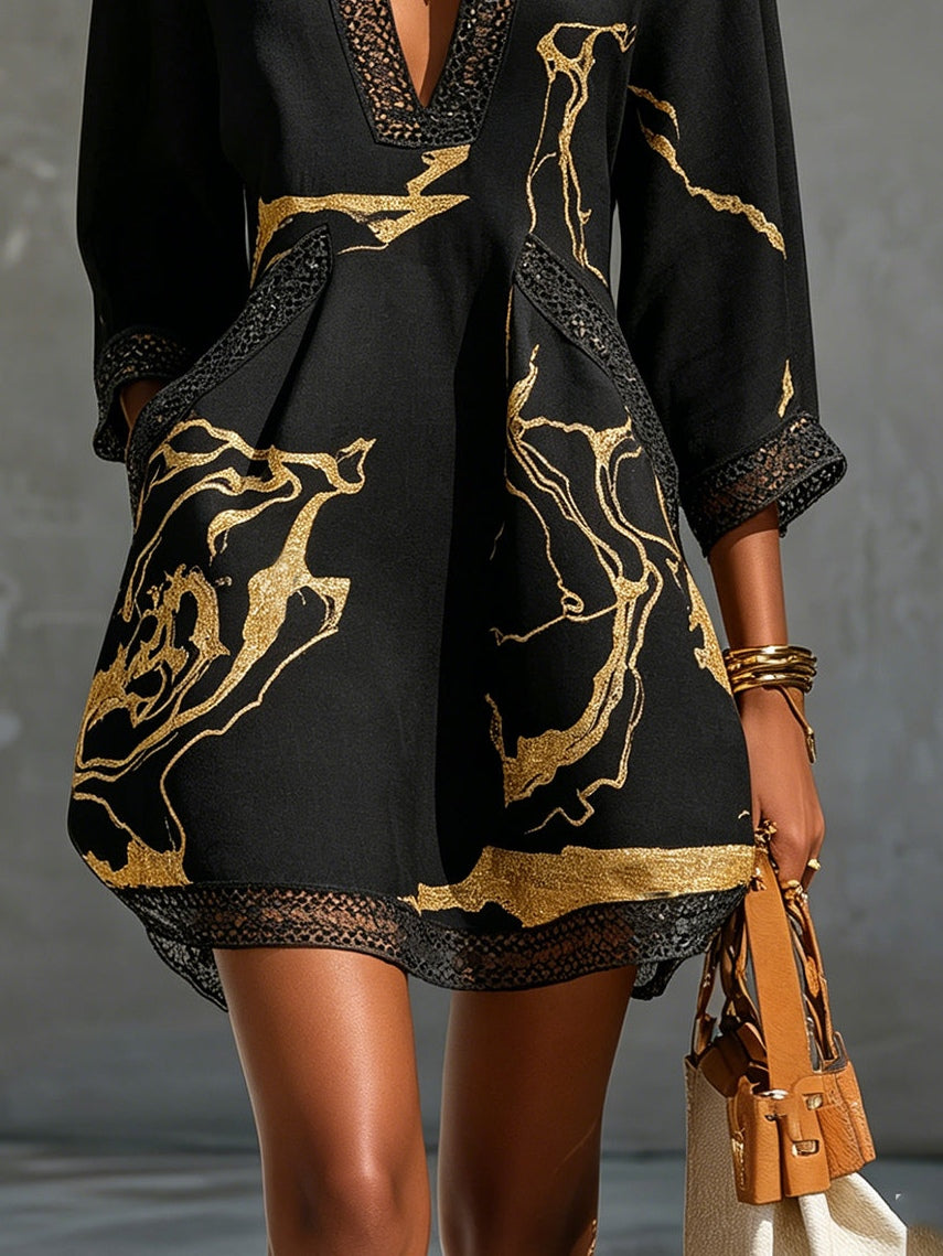 Mini Crochet Lace Dress with Black Gold V Print