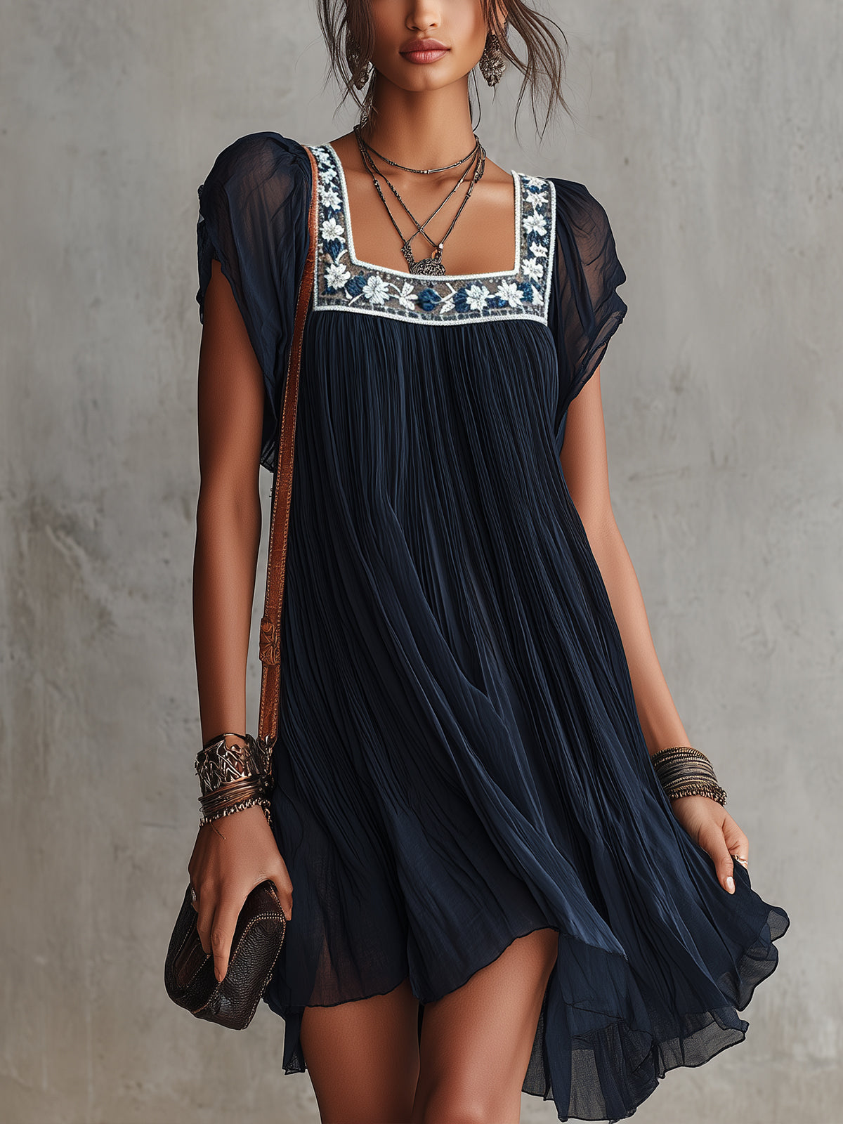 Navy Blue Floral Embroidered Chiffon Pleated Mini Dress