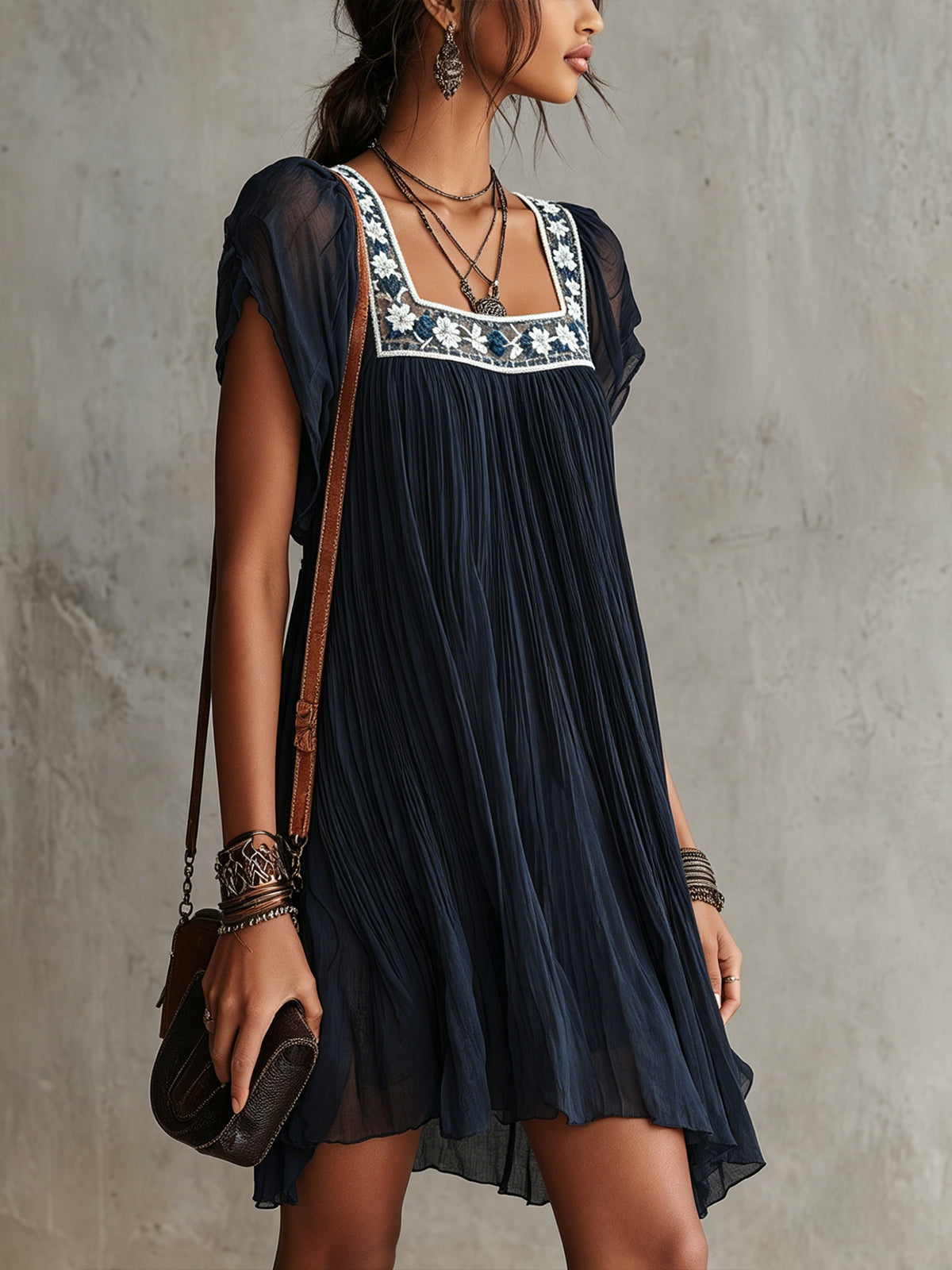 Navy Blue Floral Embroidered Chiffon Pleated Mini Dress