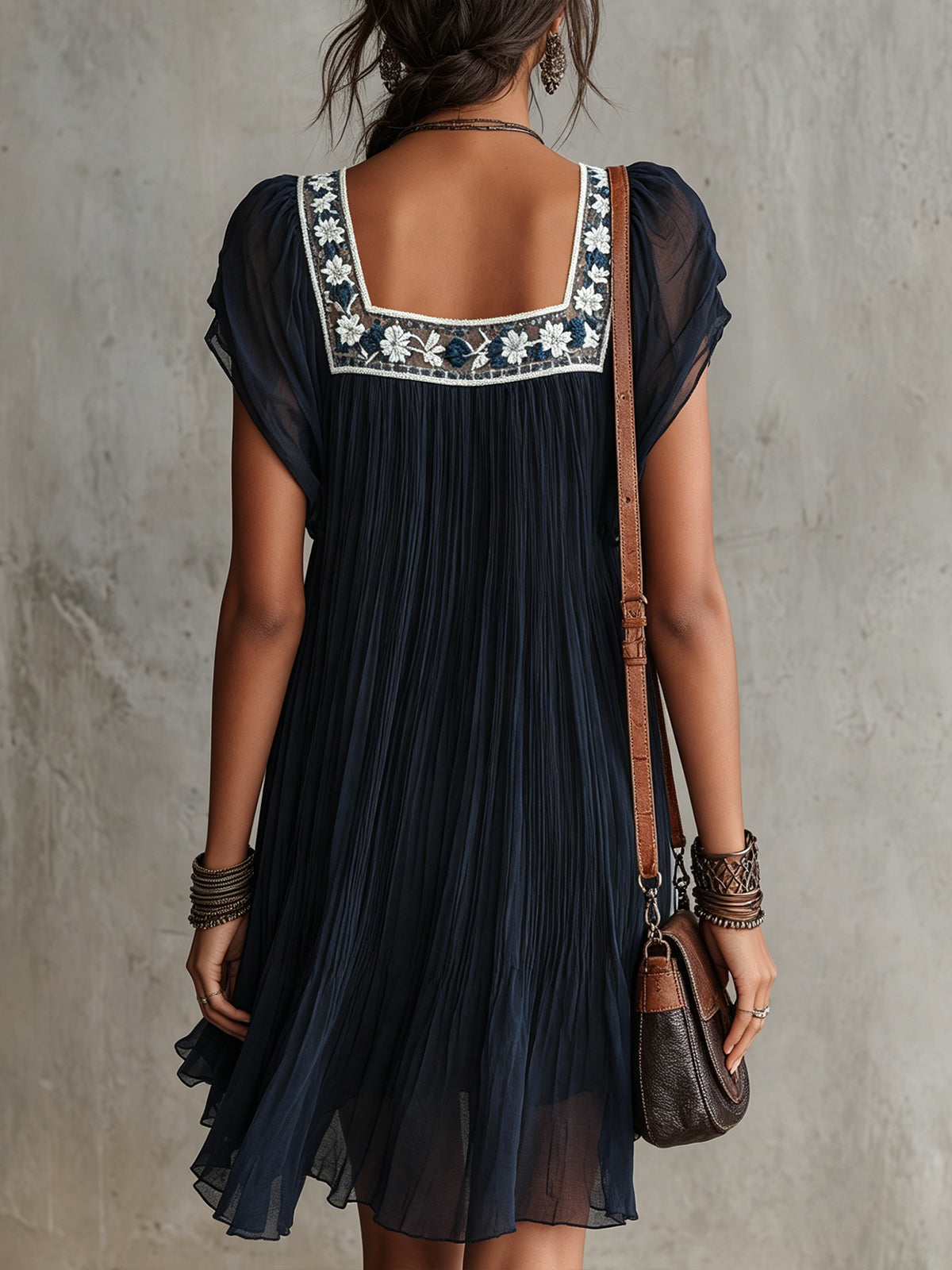 Navy Blue Floral Embroidered Chiffon Pleated Mini Dress