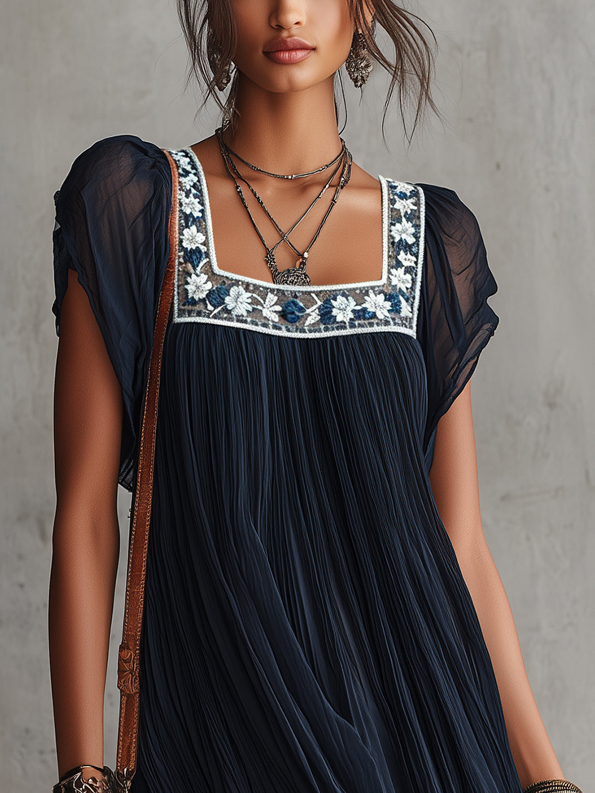 Navy Blue Floral Embroidered Chiffon Pleated Mini Dress