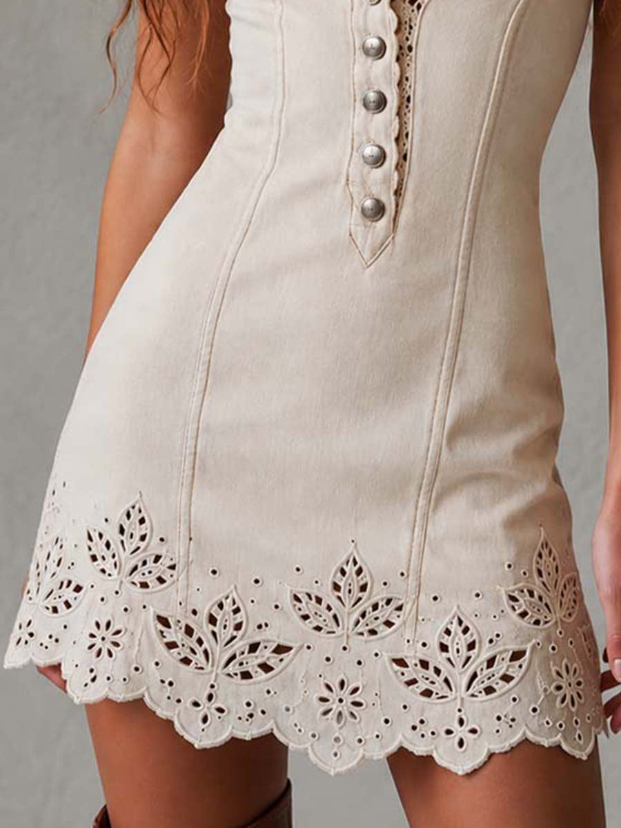 Mini Dress in Intricate Lace with V-Neck in Ivory Color