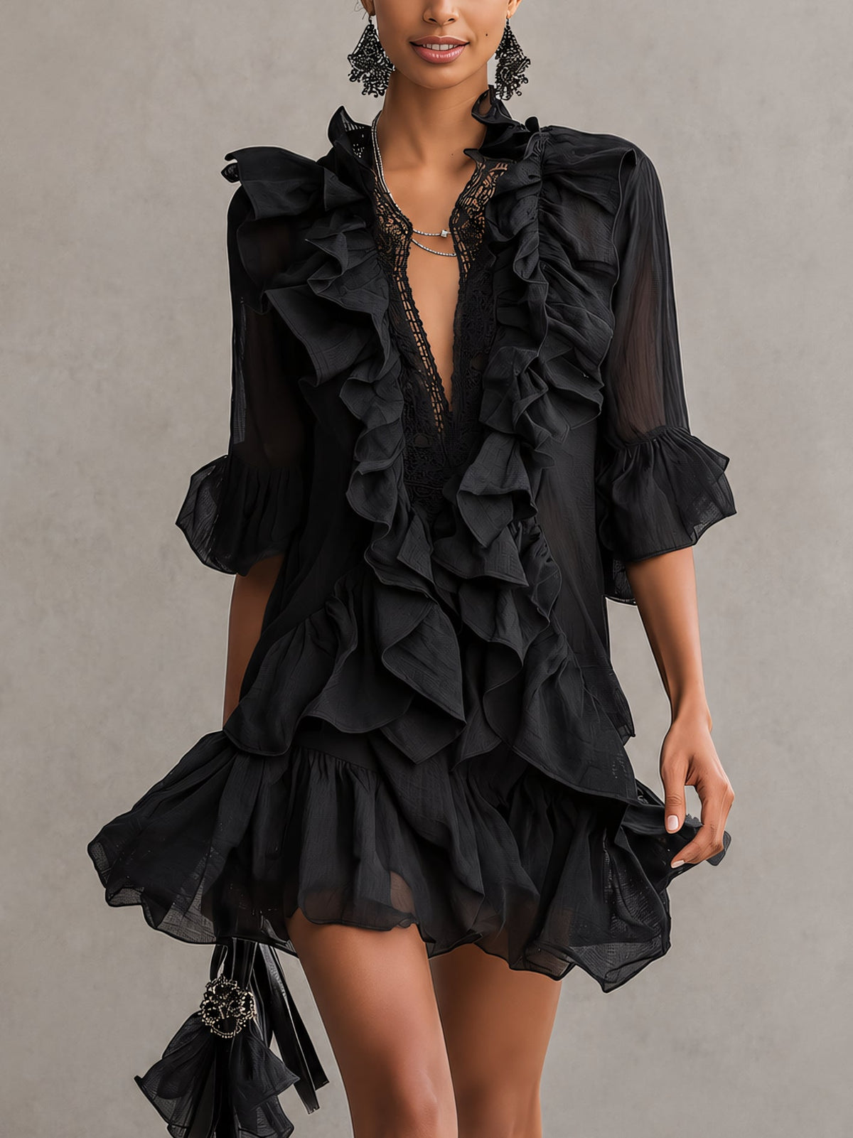 Black Chiffon Mini Dress with Ruffles