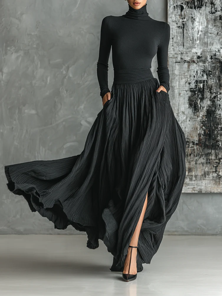 Michela™ - Pleated Skirt and Black Long Sleeve Fitted T-Shirt Set